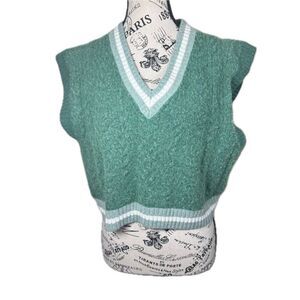 Aritzia Sunday Best Green Wool Blend Knit Sweater Vest Cropped Size XL Preppy
